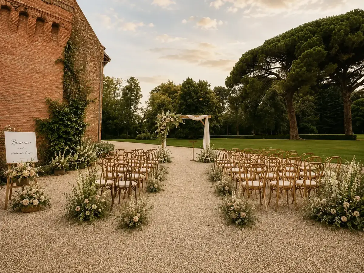 Installation d'une cérémonie laïque en extérieur, chaises en bois et arche fleurie