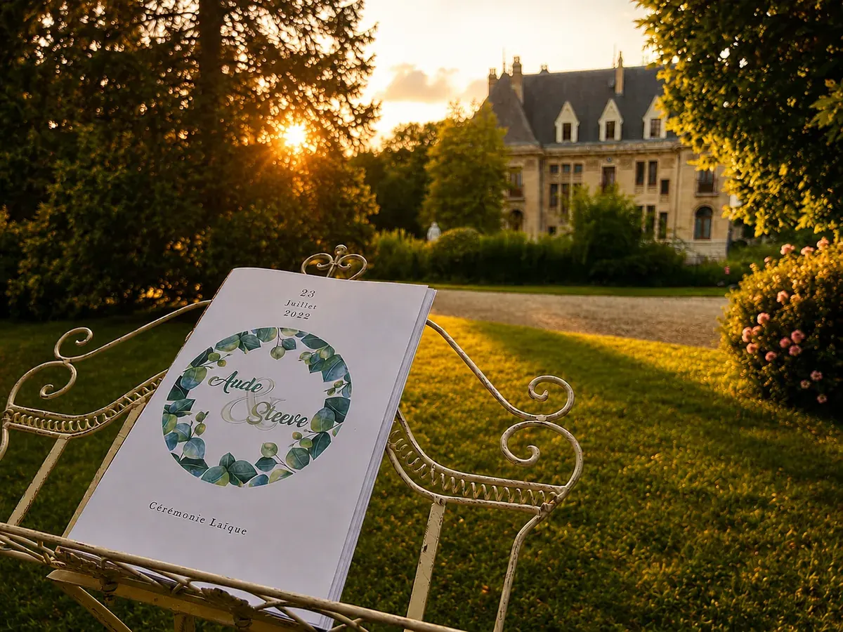 Livret de cérémonie laïque posé dans un jardin de château au coucher de soleil