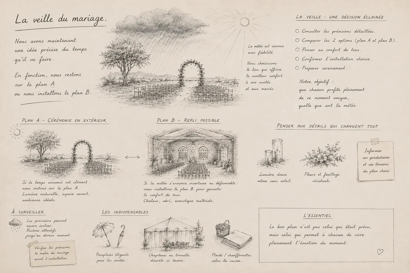 Illustration carnet de notes sur le plan B et la veille du mariage, cérémonie laïque